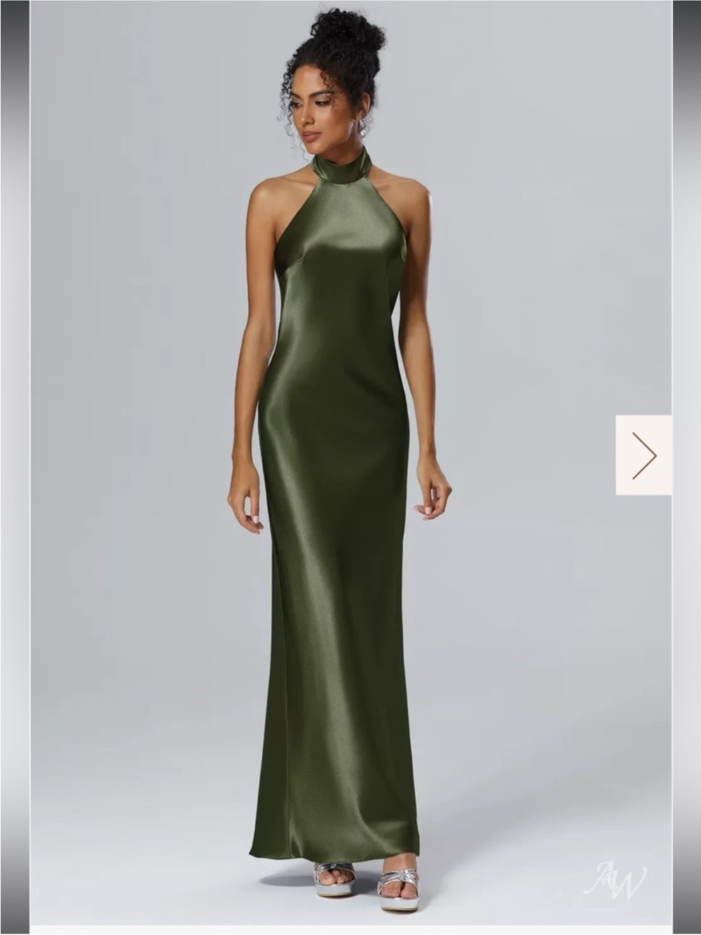 Olive Green Satin Halter Evening Dress